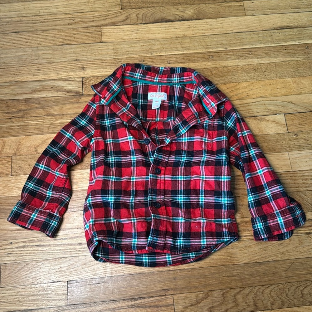 Cat&Jack 18M Red & Green Christmas Flannel|Lightweight Button-Up Shirt|Collared